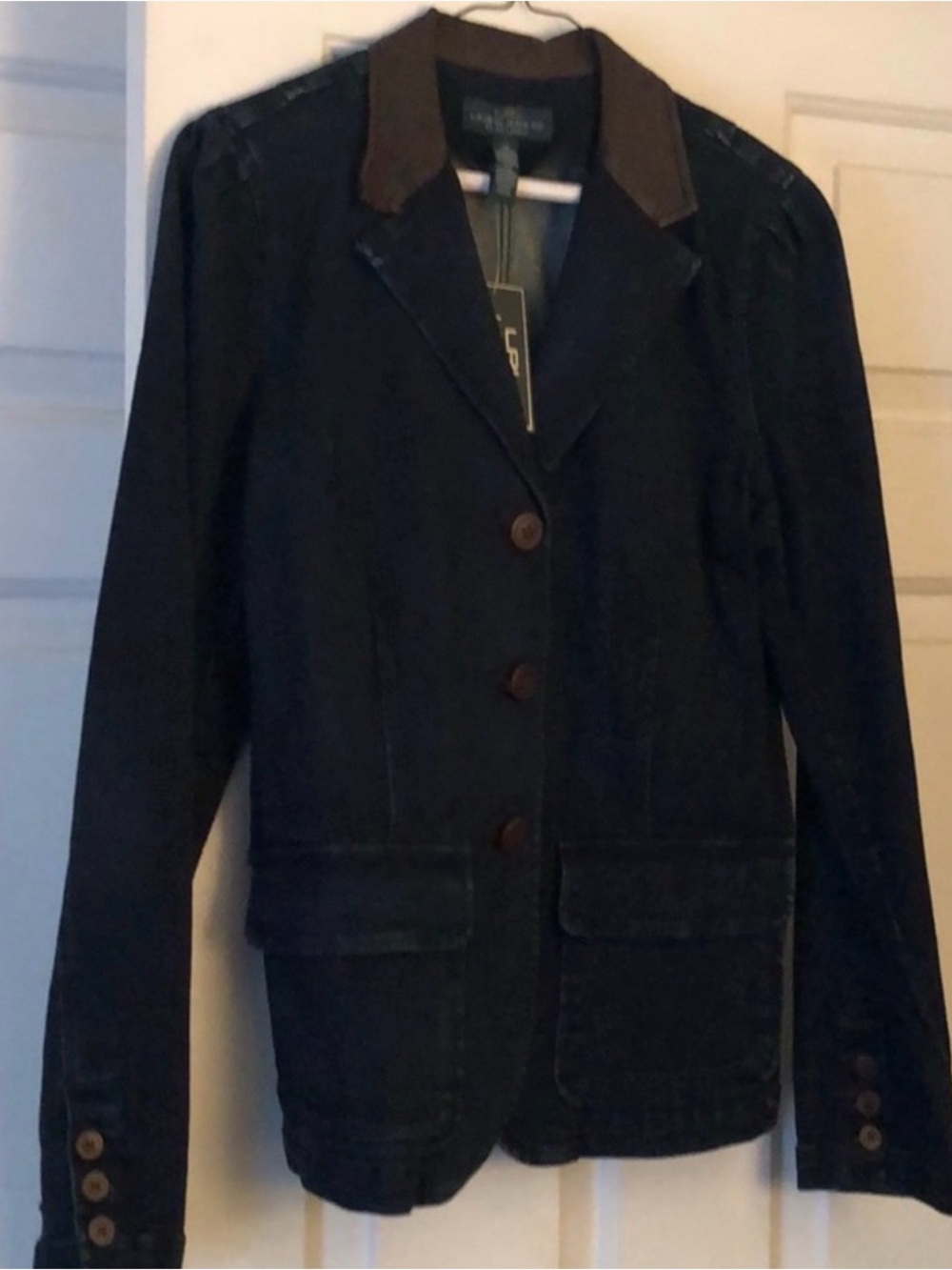 Lauren Ralph Lauren Dark Navy Cotton Blazer with Brown Contrast Collar - Picture 1 of 2